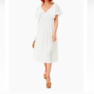 Anthropologie White Dress with Puff Flutter Sleeves By Moon River Medium